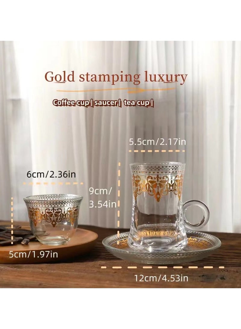 6-Piece Turkish Tea Cups Set with Saucer and Mırra Cup, Turkish Tea Glass Cups for Arabic Coffee for Hospitality, Golden Arabesque Design - Image 3