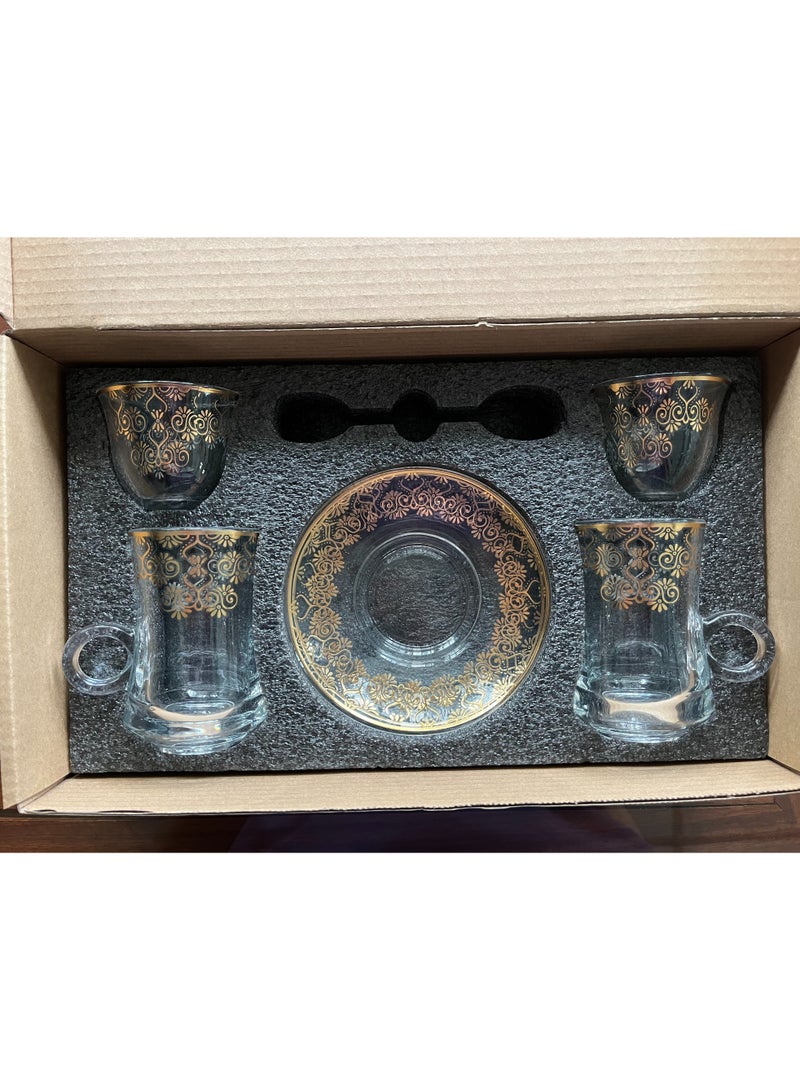 6-Piece Turkish Tea Cups Set with Saucer and Mırra Cup, Turkish Tea Glass Cups for Arabic Coffee for Hospitality, Golden Arabesque Design - Image 4