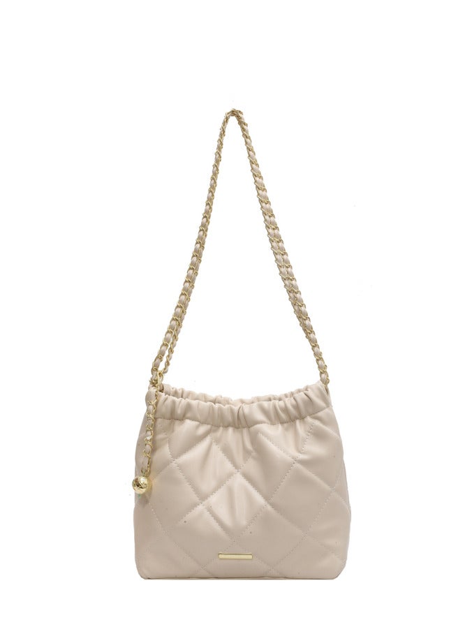 Beige shoulder bag and crossbody bag with golden ball metal strap and diamond-shaped PU leather for commuting and casual wear - Image 1