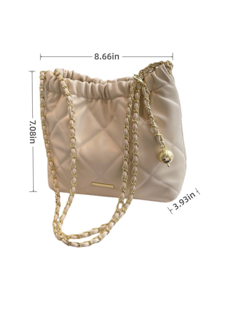 Beige shoulder bag and crossbody bag with golden ball metal strap and diamond-shaped PU leather for commuting and casual wear - Image 2