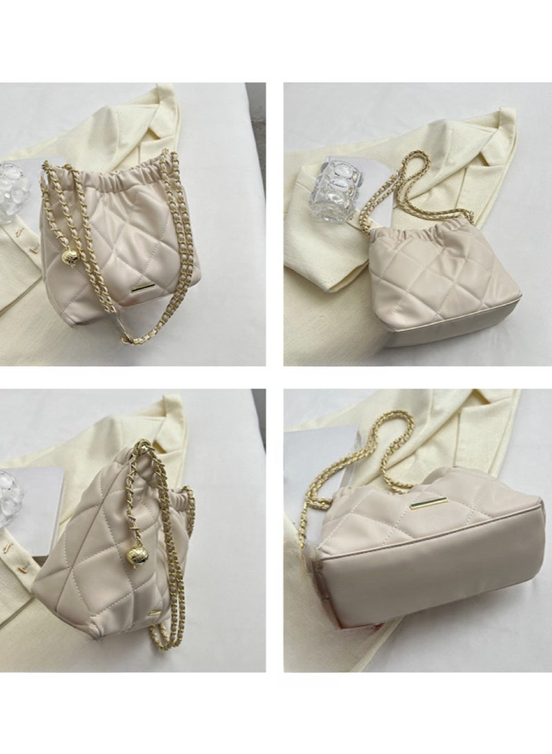 Beige shoulder bag and crossbody bag with golden ball metal strap and diamond-shaped PU leather for commuting and casual wear - Image 4