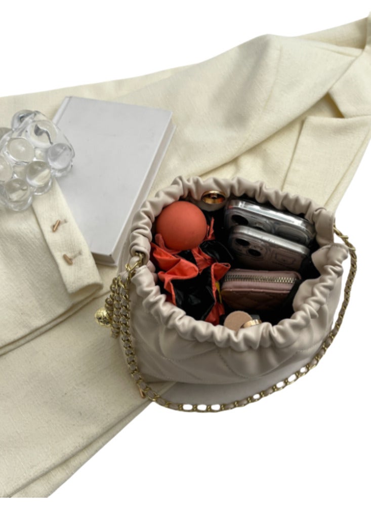 Beige shoulder bag and crossbody bag with golden ball metal strap and diamond-shaped PU leather for commuting and casual wear - Image 3