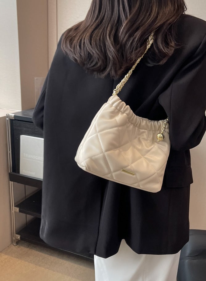Beige shoulder bag and crossbody bag with golden ball metal strap and diamond-shaped PU leather for commuting and casual wear - Image 5