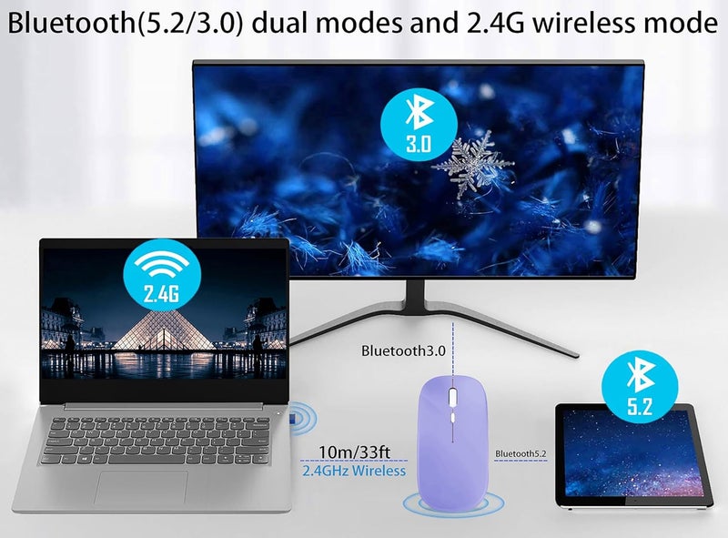 فأرة لاسلكية بلوتوث قابلة لإعادة الشحن لأجهزة الكمبيوتر المحمولة مع أضواء LED هادئة ونحيفة (BT5.2 ومستقبل USB محمول 2.4G) فأرة كمبيوتر ثنائية الوضع لأجهزة الكمبيوتر المحمولة / iPad / Tablet / Apple / Computer / Mac (أرجواني) - Image 5
