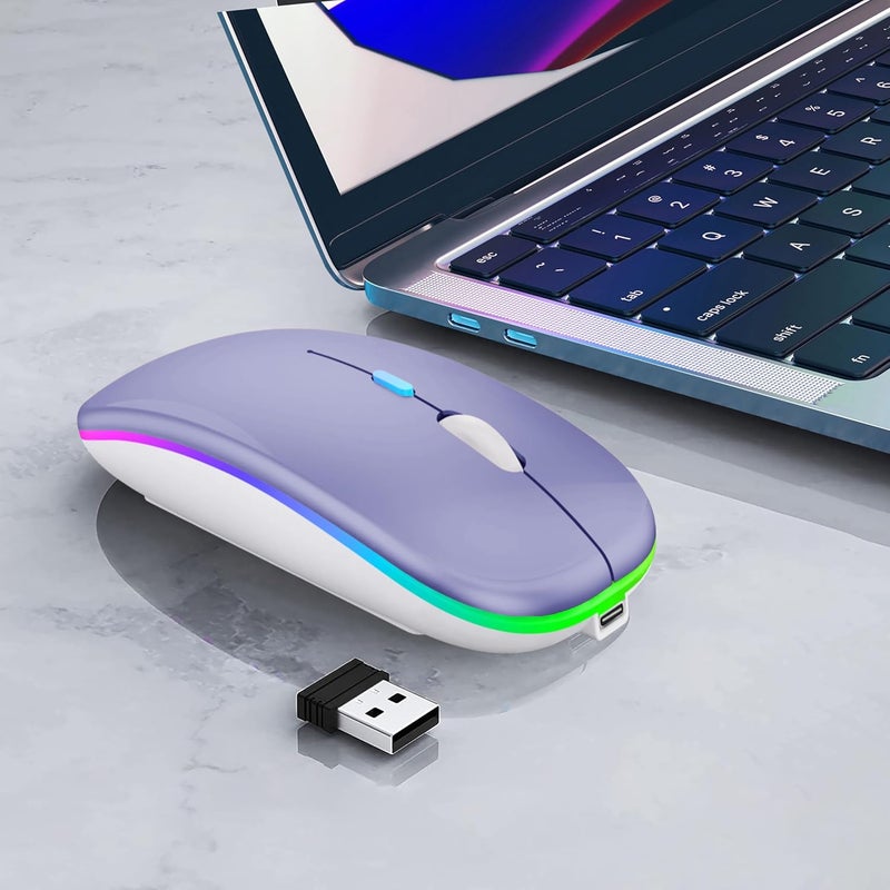 فأرة لاسلكية بلوتوث قابلة لإعادة الشحن لأجهزة الكمبيوتر المحمولة مع أضواء LED هادئة ونحيفة (BT5.2 ومستقبل USB محمول 2.4G) فأرة كمبيوتر ثنائية الوضع لأجهزة الكمبيوتر المحمولة / iPad / Tablet / Apple / Computer / Mac (أرجواني) - Image 3