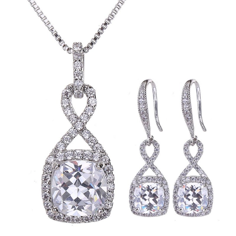 AMYJANE Crystal Jewelry Set for Women - Sterling Silver Square Cubic Zirconia CZ Bridal Pendant Necklace Earrings Set for Wedding Bride Bridesmaids Birthstone Infinity Jewelry Set - Image 1