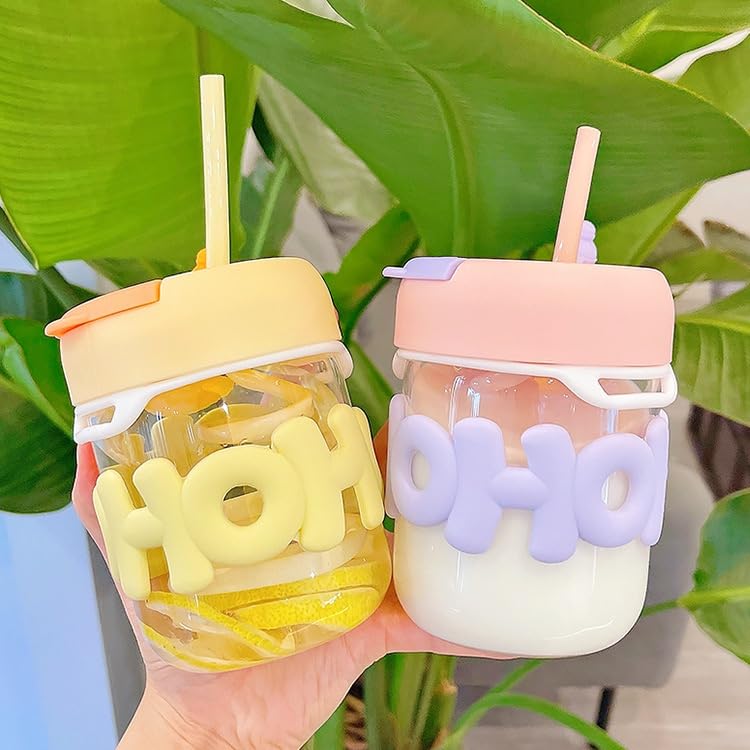 HAPPY BORN Cute Glass Cup with Dual Lid Sipper and Straw Leak ProofSpill Proof Tumbler Sipper Cup with Straw Hot Cold Drinks Cup Colour Many Vary Pack of 1 - Image 1