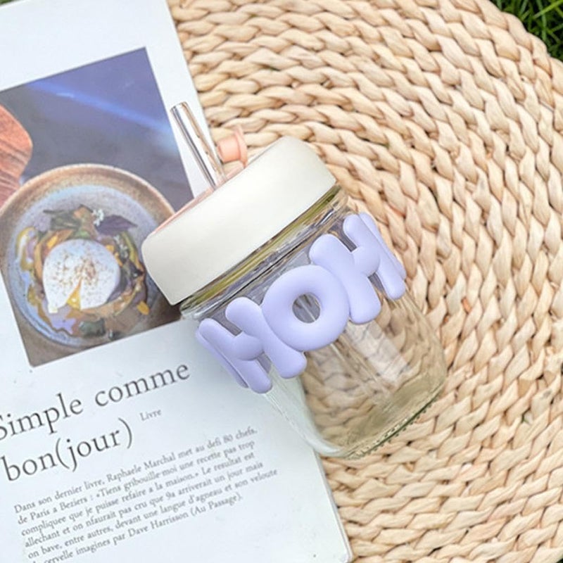 HAPPY BORN Cute Glass Cup with Dual Lid Sipper and Straw Leak ProofSpill Proof Tumbler Sipper Cup with Straw Hot Cold Drinks Cup Colour Many Vary Pack of 1 - Image 5