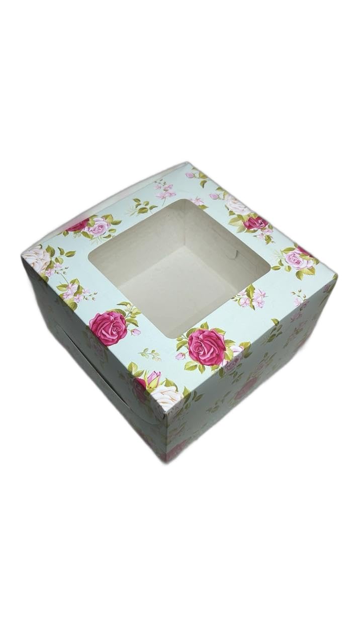 Baekence Baekence Cake box 12 kg Window cake box 8 inch Green Pink small flowers design Pack of 20 pcs - Image 2