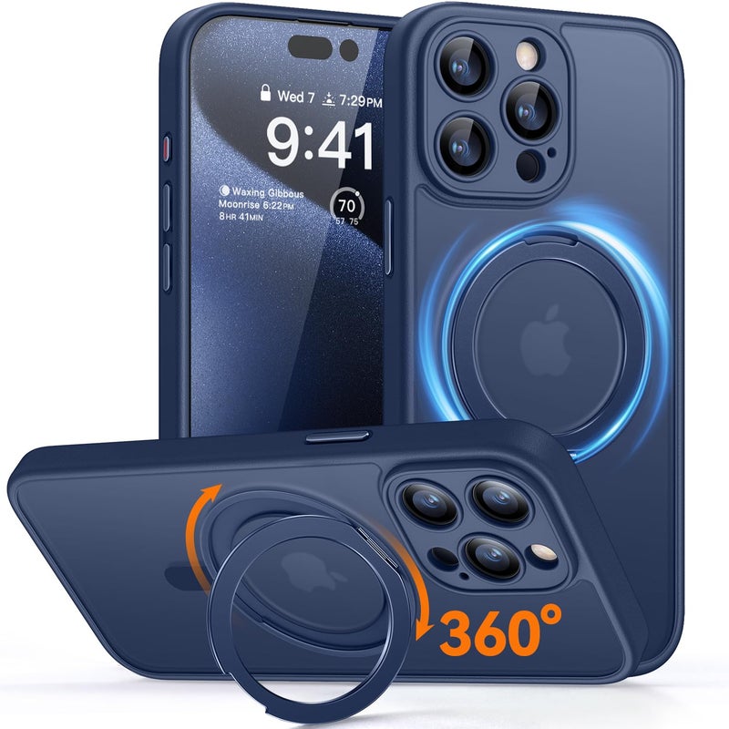 CANSHN 360Â° Spin Magnetic Stand for iPhone 15 Pro Max Case [Full Camera Protection] [Compatible with Magsafe] [Translucent Matte] Shockproof Protective Kickstand Phone Cover 6.7" - Deep Blue - Image 1