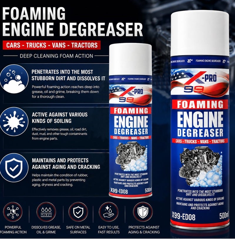 X Pro 99 X-PRO X99-ED08 Foaming Engine Degreaser Spray 500ml, Engine Cleaner Foam for Cars Trucks Vans Tractors & Motorcycles, Removes Dirt Grime Oil Residue, Fast Acting Engine Bay Cleaner for Metal Parts & Workshop Equipment ERPC38223 - Image 3