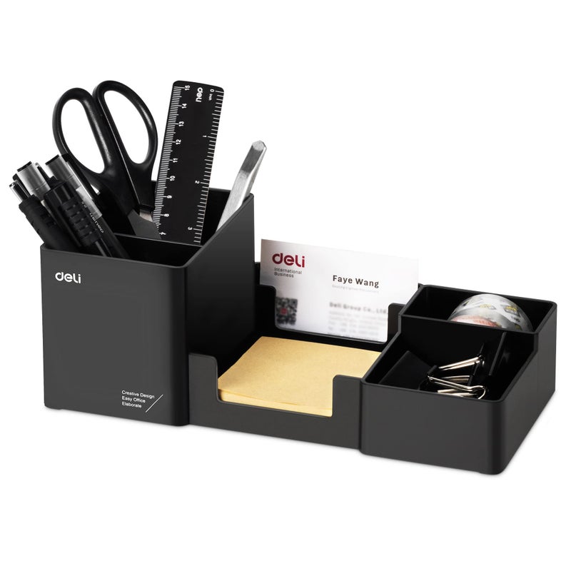 deli Desk Organizer Plastic Desktop Organizer with Pencil Holder and Sticky Note Tray Office Stationery Supplies Organizers Accessories Caddy 6 Compartments Black - Image 2