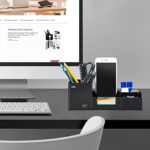 deli Desk Organizer Plastic Desktop Organizer with Pencil Holder and Sticky Note Tray Office Stationery Supplies Organizers Accessories Caddy 6 Compartments Black - Image 3