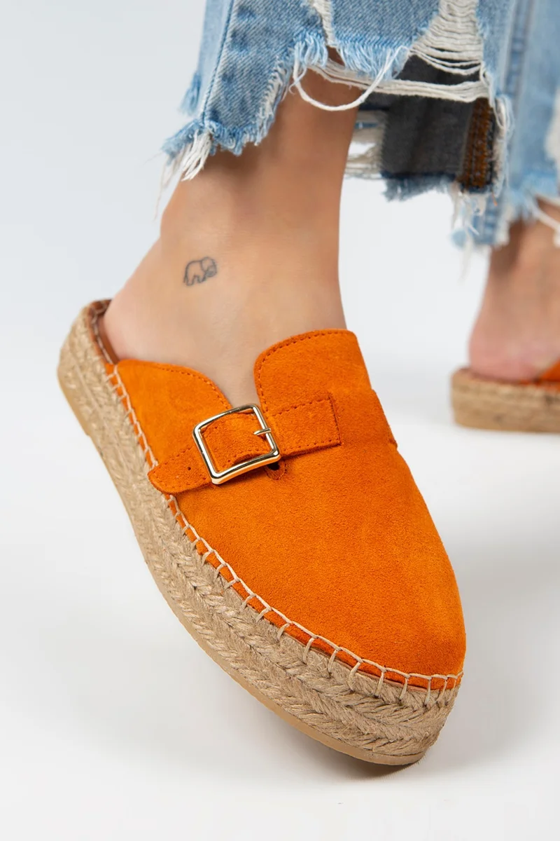 Manijero Manijero Esta Women's Genuine Leather Orange Slippers with Belt and Buckle