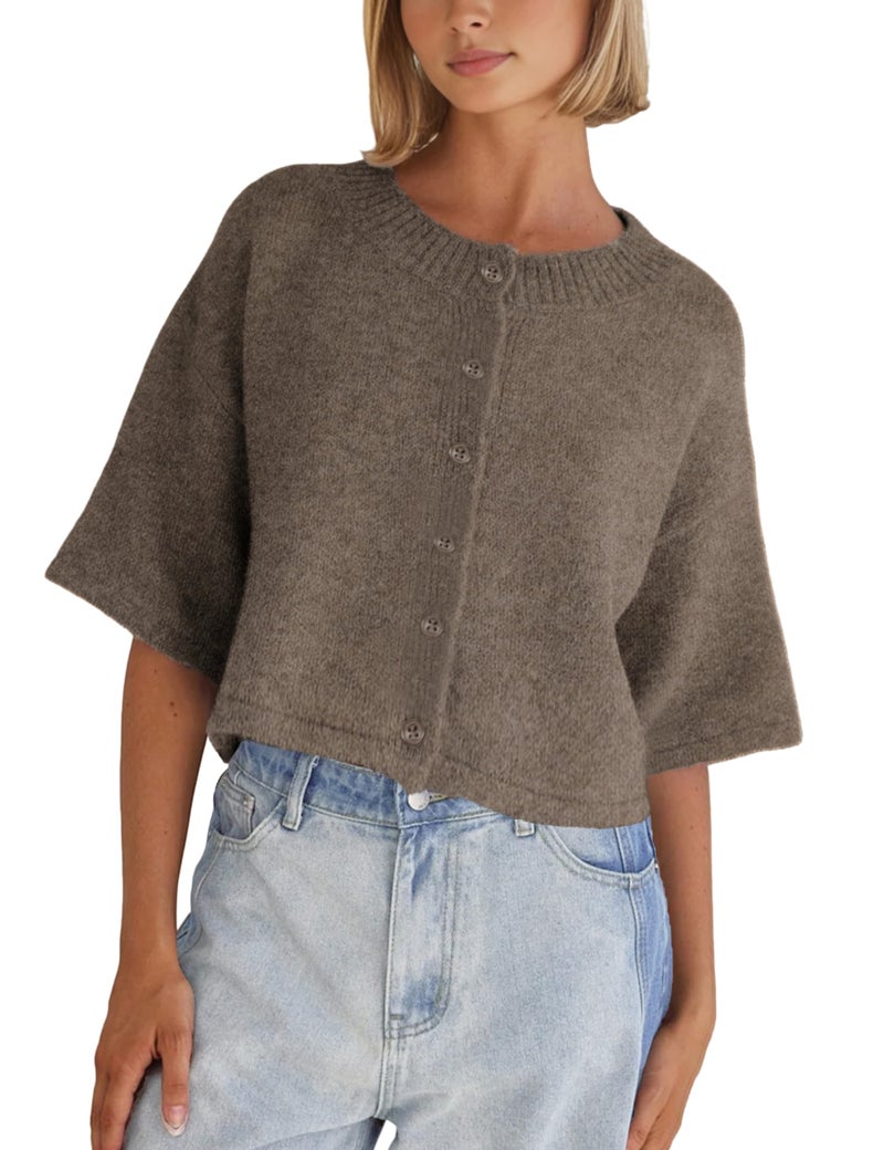 Springrain Cardigan Sweaters for Women Lightweight Knit Cropped Cardigan Button Up Solid Knitwear(Coffee-S) - Image 1