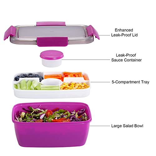 Caperci Large Salad Container Bowl for Lunch - Better Adult Bento Lunch Box 68 oz, 5-Compartment Tray, 2pcs 3-oz Sauce Cups, Stackable, BPA-Free (Purple) - Image 4