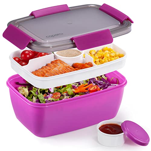 Caperci Large Salad Container Bowl for Lunch - Better Adult Bento Lunch Box 68 oz, 5-Compartment Tray, 2pcs 3-oz Sauce Cups, Stackable, BPA-Free (Purple) - Image 1