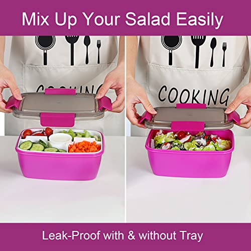 Caperci Large Salad Container Bowl for Lunch - Better Adult Bento Lunch Box 68 oz, 5-Compartment Tray, 2pcs 3-oz Sauce Cups, Stackable, BPA-Free (Purple) - Image 2