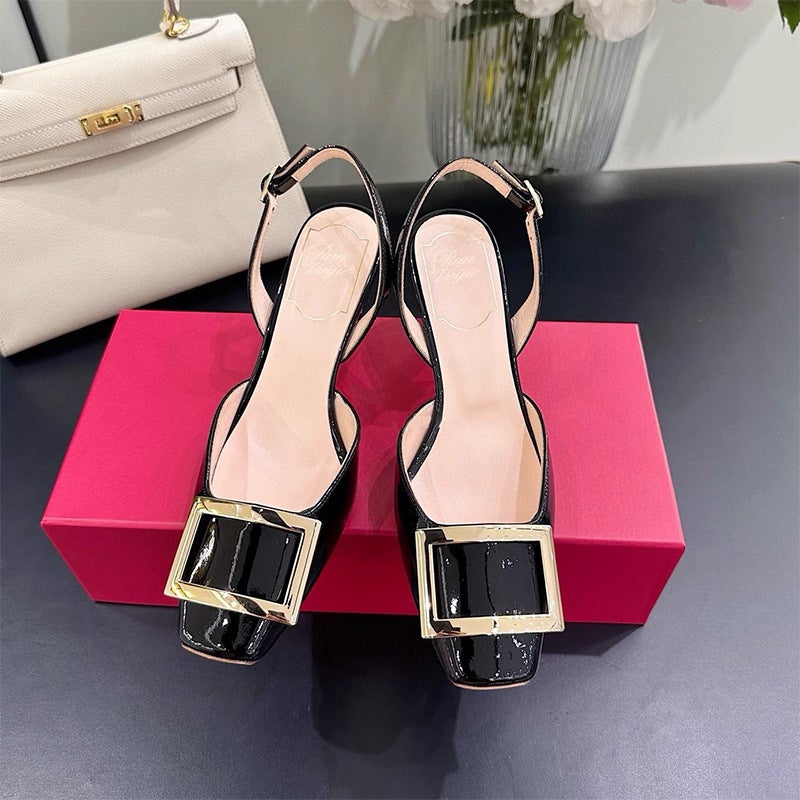 Rv High-Heeled Shoes For Women, High-End, Non-Tiring, Work Clothing, Square-Toe Patent Leather Square-Button Flats, Back Strap, Stiletto Heels, Hollow Sandals - Image 4