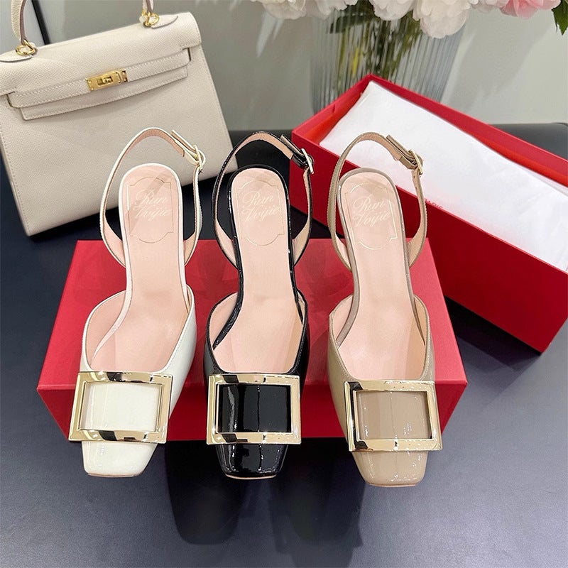 Rv High-Heeled Shoes For Women, High-End, Non-Tiring, Work Clothing, Square-Toe Patent Leather Square-Button Flats, Back Strap, Stiletto Heels, Hollow Sandals - Image 3