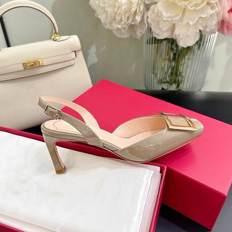 Rv High-Heeled Shoes For Women, High-End, Non-Tiring, Work Clothing, Square-Toe Patent Leather Square-Button Flats, Back Strap, Stiletto Heels, Hollow Sandals - Image 2