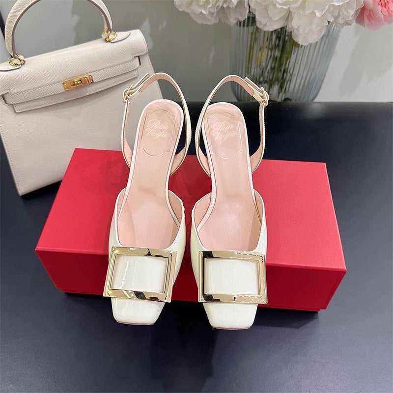 Rv High-Heeled Shoes For Women, High-End, Non-Tiring, Work Clothing, Square-Toe Patent Leather Square-Button Flats, Back Strap, Stiletto Heels, Hollow Sandals - Image 5
