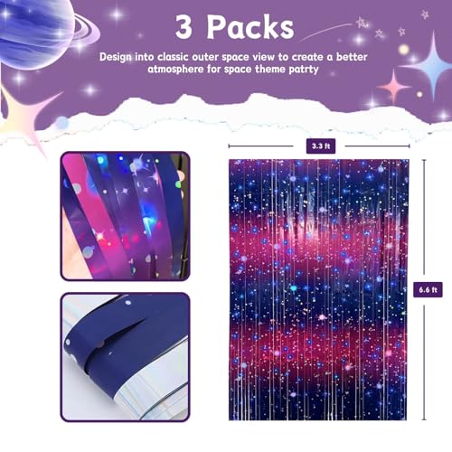Vagilelf 3 PCS Purple Galaxy Foil Curtains Backdrop for Space Themed Party Decorations, 3.3 x 6.6 ft Pink Tinsel Curtains, Foil Fringe for Photo Booth, Outer Space Birthday or Party - Image 2