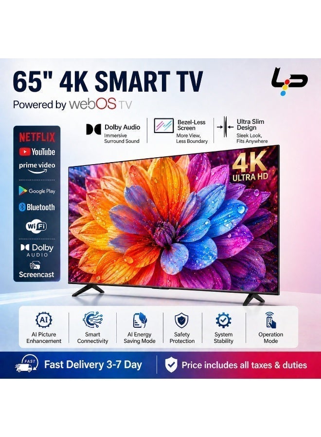 LP 65 Inch 4K Ultra HD Smart TV WebOS Rimless Design Dolby Audio Bluetooth 5.0 3HDMI 2USB Ports Home Theater Television - Image 1