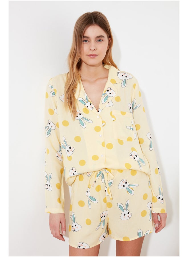 trendyol - Yellow Rabbit Printed Shirt-Shorts Woven Pajamas Set THMSS21PT0302 - Image 1