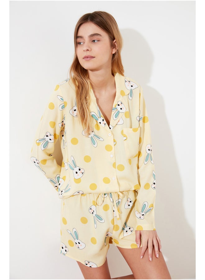 trendyol - Yellow Rabbit Printed Shirt-Shorts Woven Pajamas Set THMSS21PT0302 - Image 1