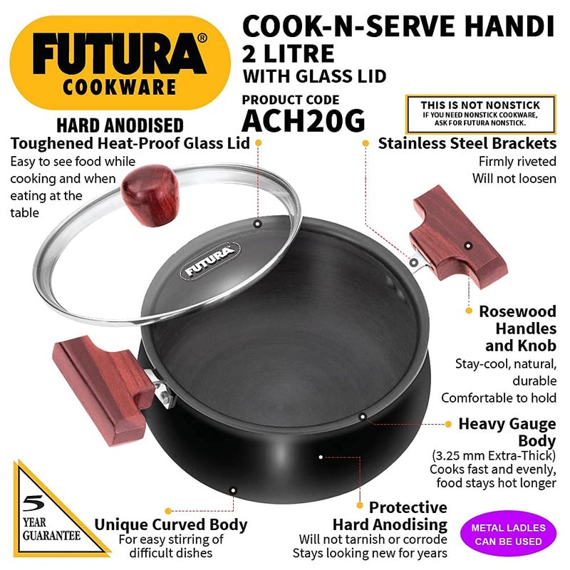 Hawkins Hawkins Aluminium Futura Hard Anodised CookNServe Bowl Set Of 2 Combo 2 Litre 4 Litre Handi black  - Image 2
