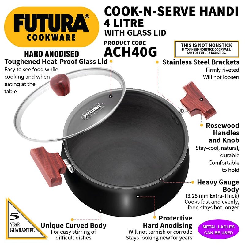 Hawkins Hawkins Aluminium Futura Hard Anodised CookNServe Bowl Set Of 2 Combo 2 Litre 4 Litre Handi black  - Image 4