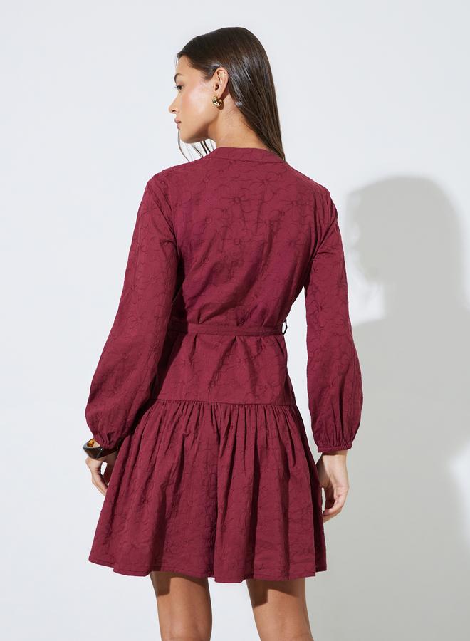 Styli Maroon Embroidered Tie-Up Waist Shirt Mini Dress - Image 4