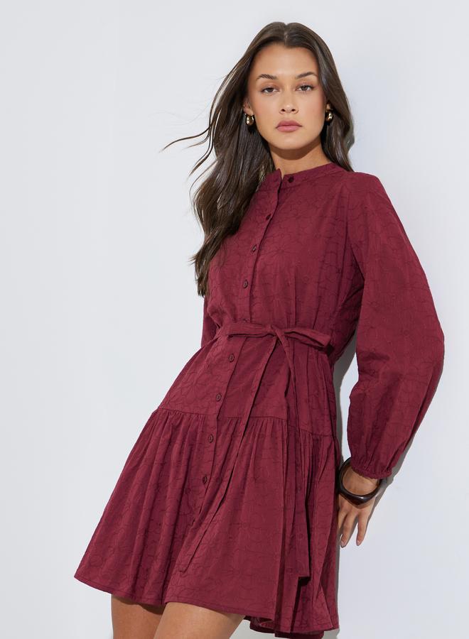 Styli Maroon Embroidered Tie-Up Waist Shirt Mini Dress - Image 1