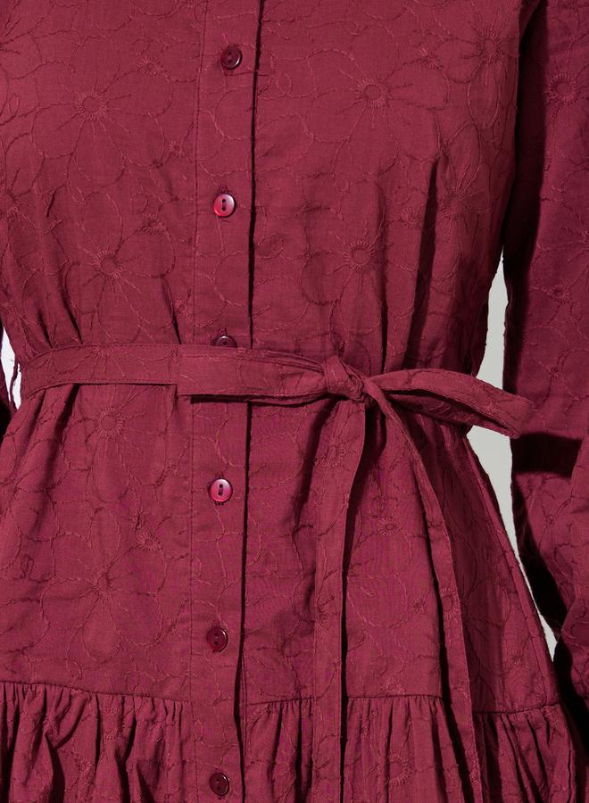 Styli Maroon Embroidered Tie-Up Waist Shirt Mini Dress - Image 3