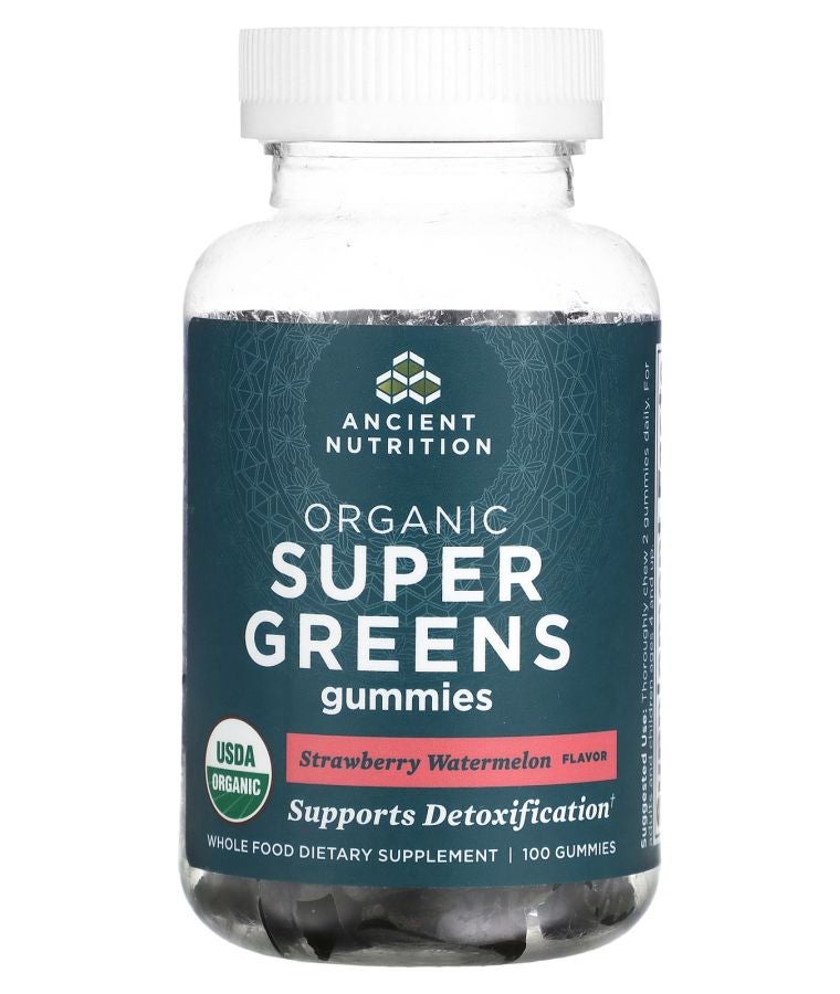 Ancient Nutrition Organic Super Greens Gummies Strawberry Watermelon 100 Gummies