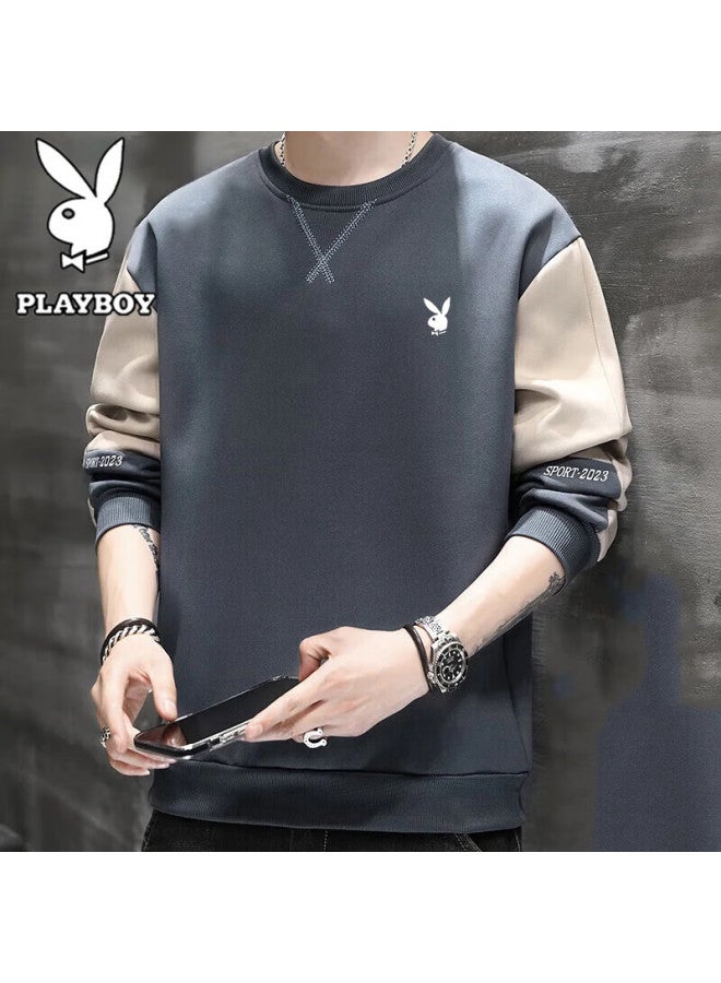 Playboy Men's Long Sleeve T-shirt Spring Autumn Breathable Crew Neck Loose Sports Casual Sweatshirt Gray Blue XL - Image 1