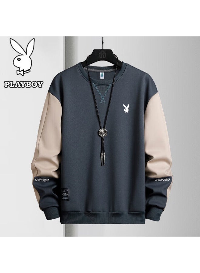 Playboy Men's Long Sleeve T-shirt Spring Autumn Breathable Crew Neck Loose Sports Casual Sweatshirt Gray Blue XL - Image 2