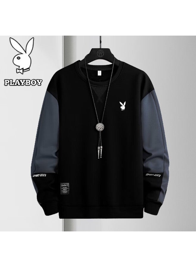 Playboy Men's Long Sleeve T-shirt Spring Autumn Breathable Crew Neck Loose Sports Casual Sweatshirt Gray Blue XL - Image 3