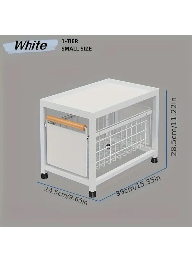 White 2 Layer Pull Out Storage Rack Carbon Steel Kitchen Organizer Basket - Image 4