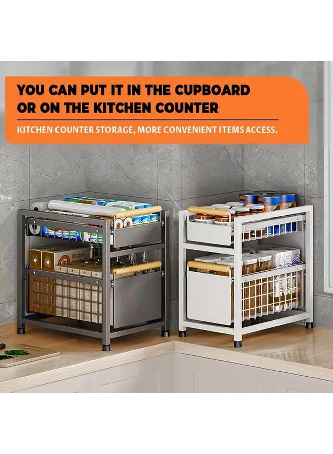 White 2 Layer Pull Out Storage Rack Carbon Steel Kitchen Organizer Basket - Image 1