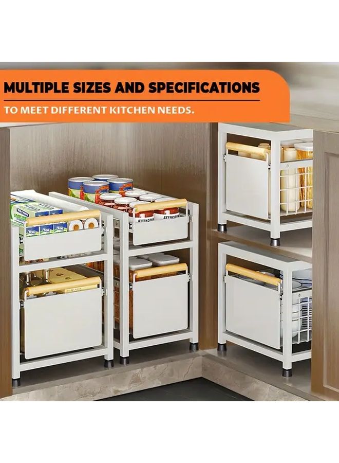 White 2 Layer Pull Out Storage Rack Carbon Steel Kitchen Organizer Basket - Image 2