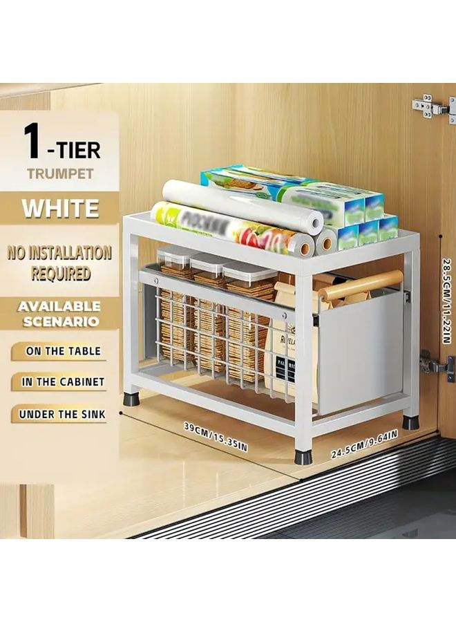 White 2 Layer Pull Out Storage Rack Carbon Steel Kitchen Organizer Basket - Image 5