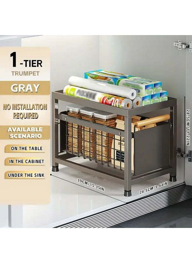 White 2 Layer Pull Out Storage Rack Carbon Steel Kitchen Organizer Basket - Image 3