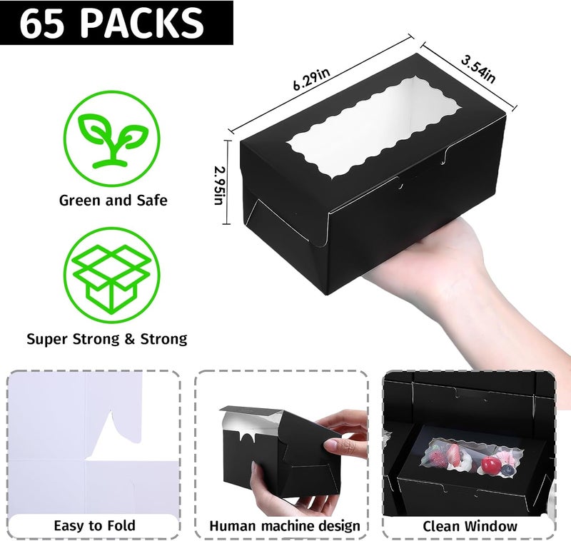 Ybaoo 65 PCS Black Bakery Boxes with Window 6.29x3.54x2.95 Inches Cookie Boxes Small Pastry Boxes for Candy, Cupcake Boxes,Candy Box,Cake Boxes,Treat Boxes,Dessert Boxes,Small Gift Box for Party(Black) - Image 3