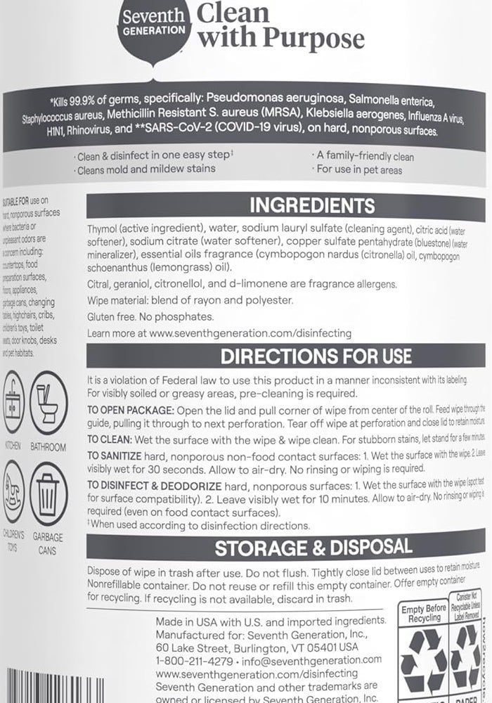 Seventh Generation Disinfecting Wipes - Lemongrass Citrus, 70 Count, Pack of 3 - Image 2