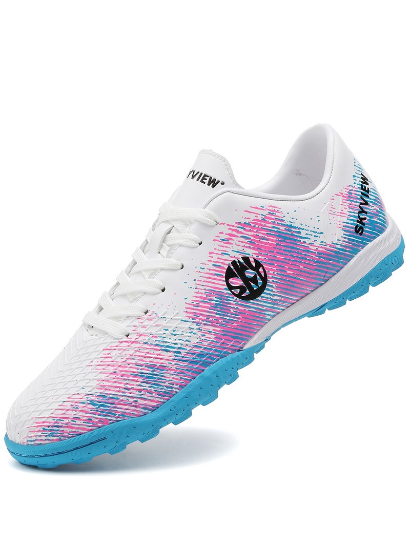 Sky View SKY VIEW Men's Women's Soccer Shoes IC or IN Flat Cleats Professional Lace Up Athletic Turf Football Shoes Outdoor/Indoor Professional Futsal Football Training Sneakers(White Pink - Image 1