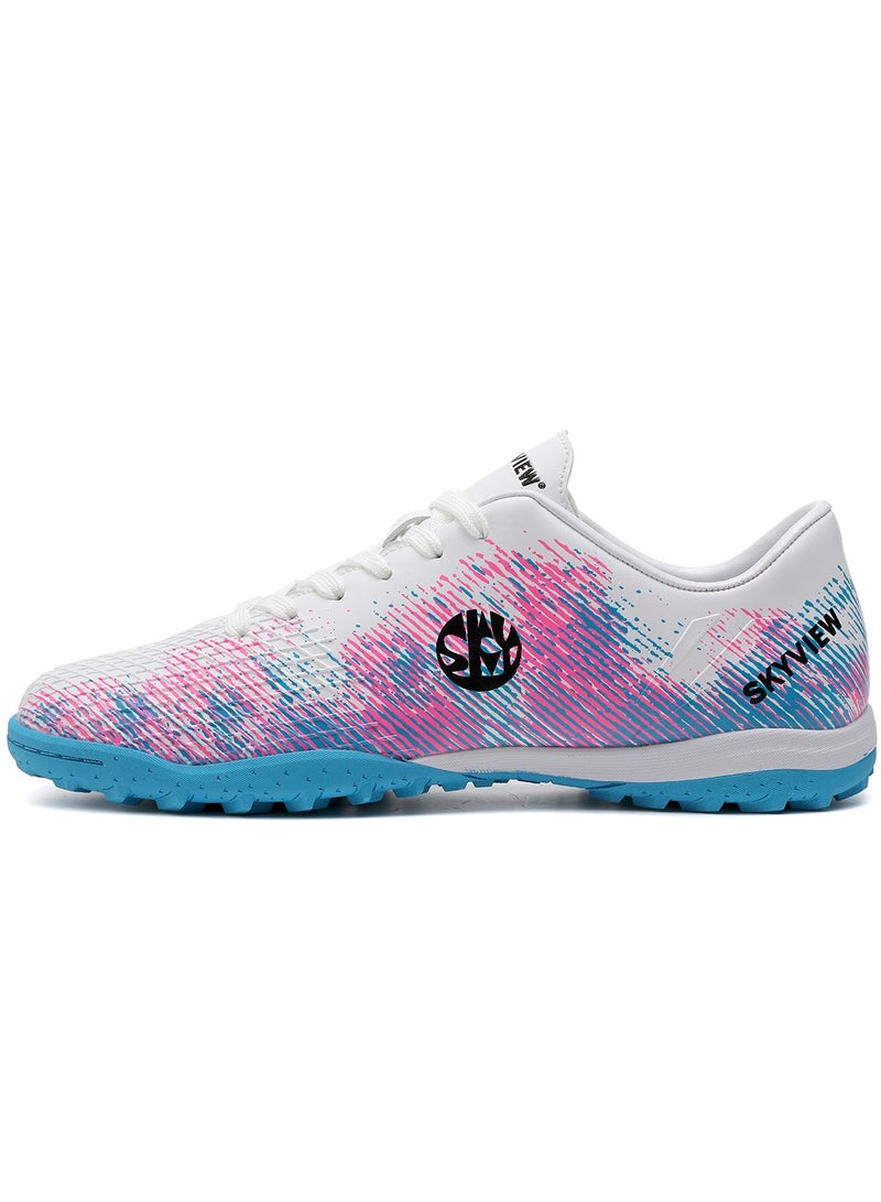 Sky View SKY VIEW Men's Women's Soccer Shoes IC or IN Flat Cleats Professional Lace Up Athletic Turf Football Shoes Outdoor/Indoor Professional Futsal Football Training Sneakers(White Pink - Image 2