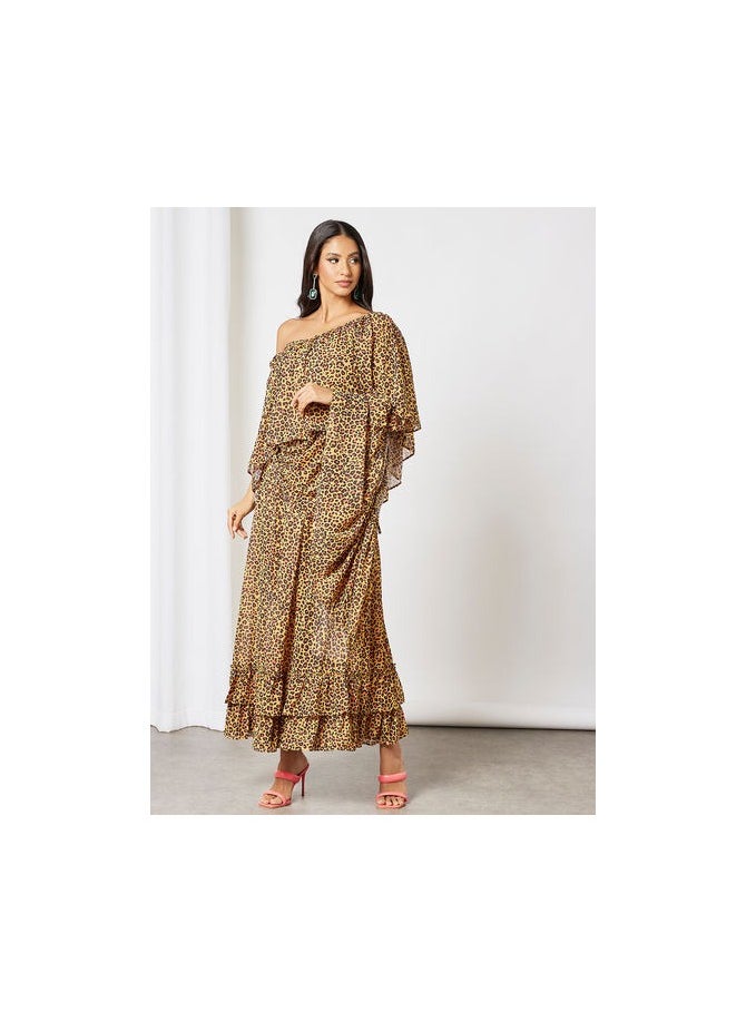 AKS Leopard Print Ruffled Saree With Blouse Yellow  - Image 1