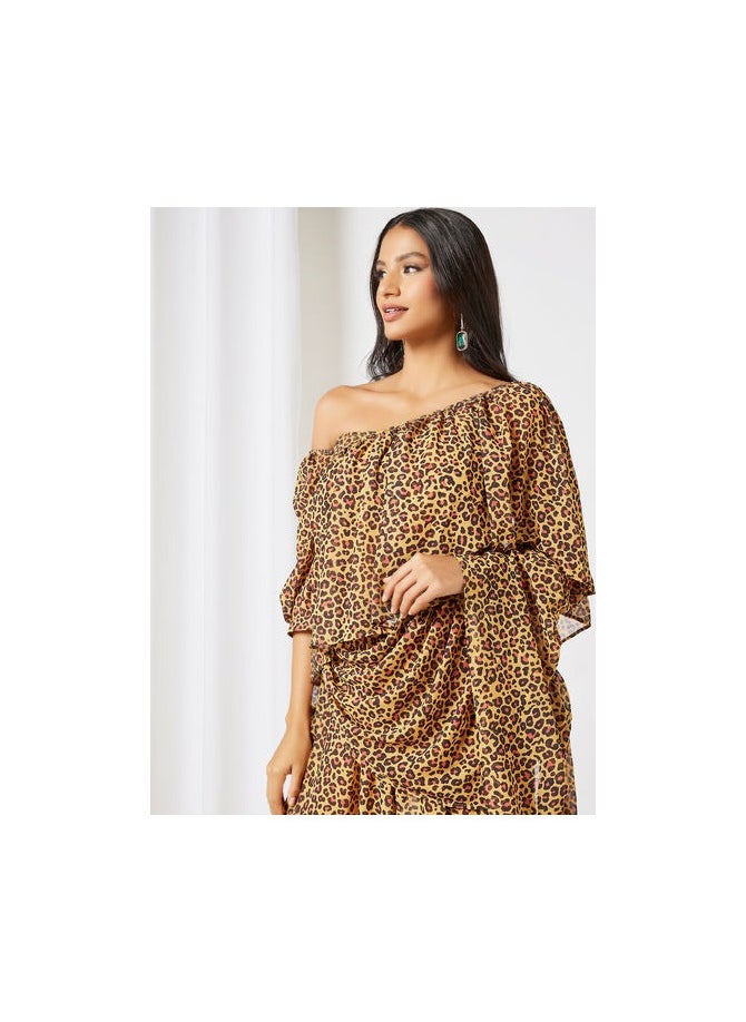 AKS Leopard Print Ruffled Saree With Blouse Yellow  - Image 2